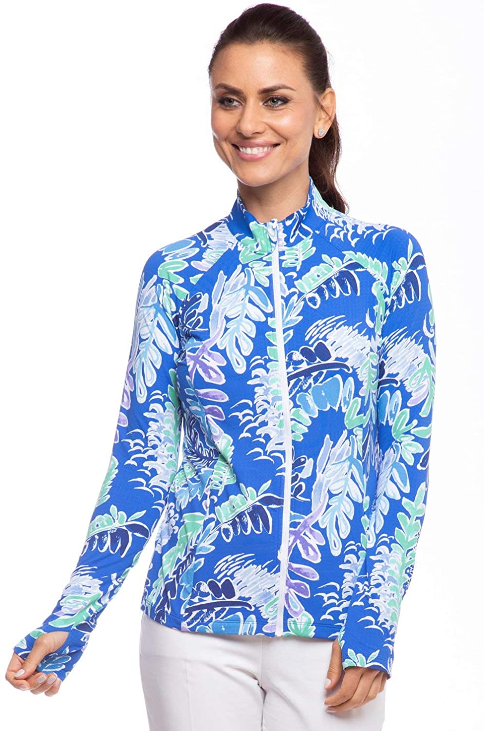 Price:$116.00 IBKUL Women's Sun Protective UPF 50+ Nessa Print Zip-Front Mockneck Jacket - 18405 at Amazon Women’s Clothing store