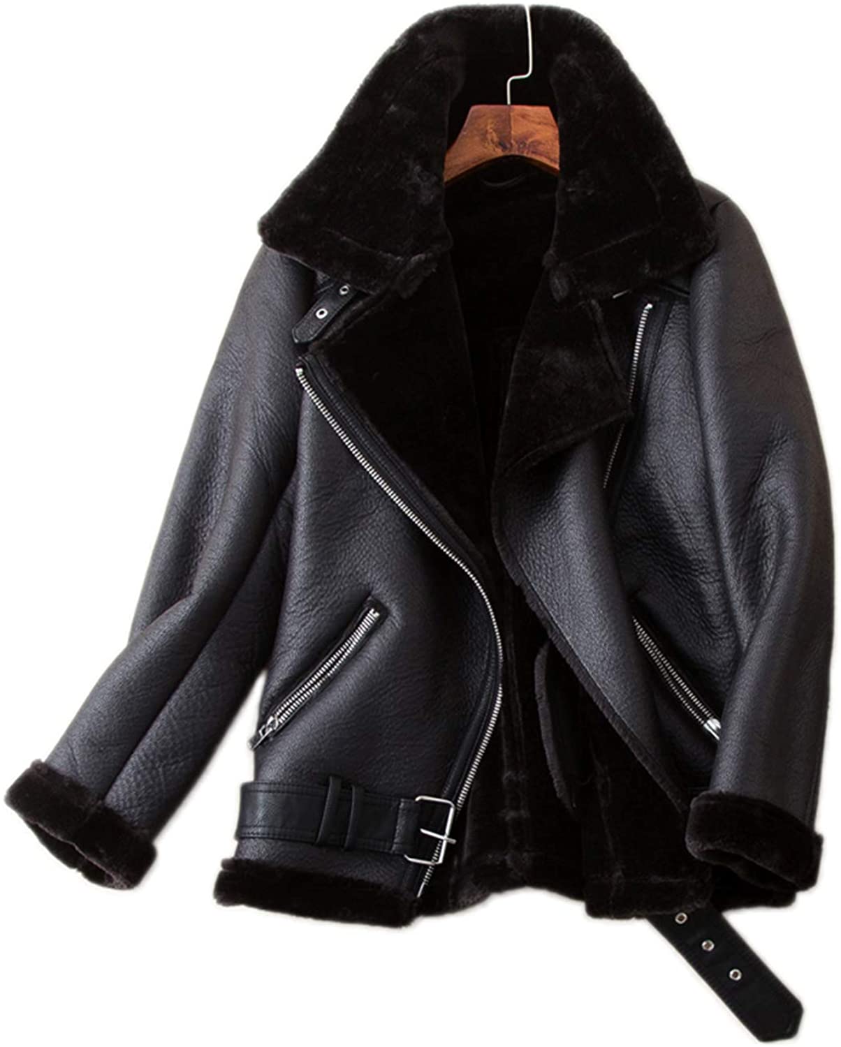 Price:$59.66    LY VAREY LIN Women's Faux Shearing Moto Jacket Thick Lined Parka Winter Shearling Coat Leather Jacket  Clothing