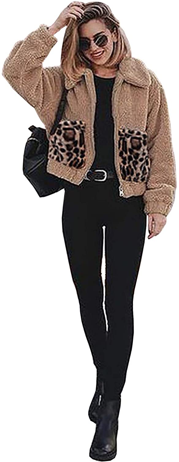Price:$16.99 Aliling Women's Fashion Zipper Leopard Pocket Fleece Jacket Coat Sweatshirts Top at Amazon Women's Coats Shop