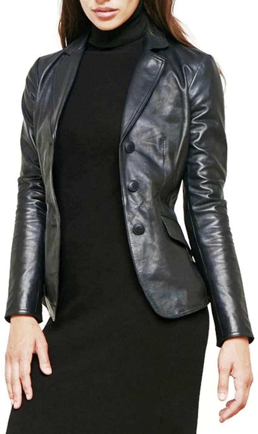 Price:$108.99 Prastara Women's Black Soft Lambskin Short Leather Blazer 3-Button Jacket at Amazon Women's Coats Shop