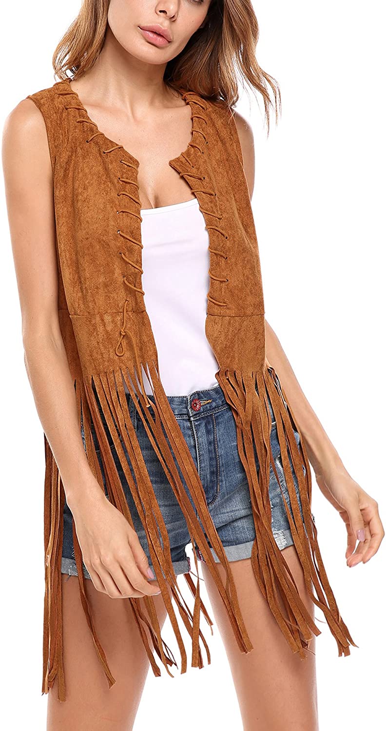 Price:$10.99 Hotouch Women Fringe Vest Faux Suede Tassels 70s Hippie Clothes Open-Front Sleeveless Vest Cardigan Female at Amazon Women's Coats Shop