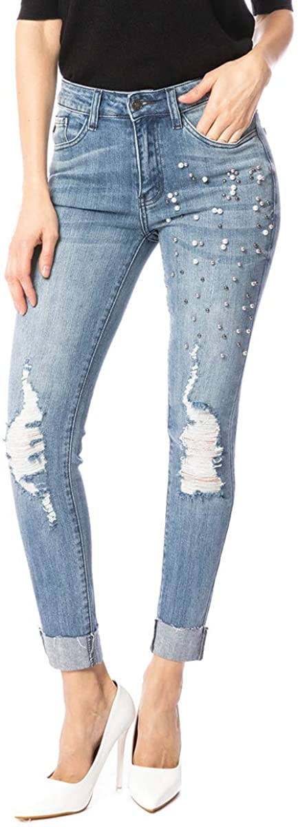 Price:$59.95 Kan Can Women's High Rise Distressed Ankle Skinny Jeans at Amazon Women's Jeans store