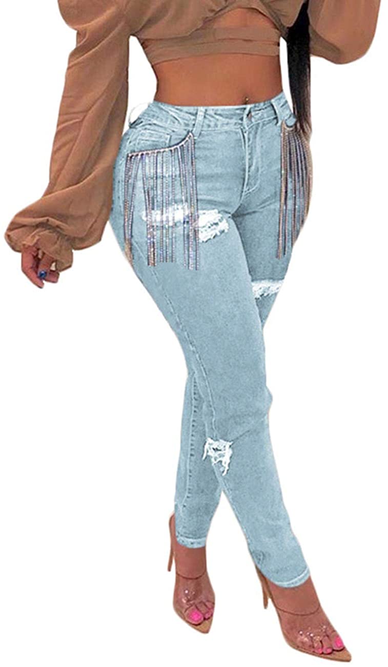 Price:$29.98 Alunzoem Womens Distressed Jeans, Ripped Hole Fringed Stretch Mid-Rise Skinny Denim Pants at Amazon Women's Jeans store