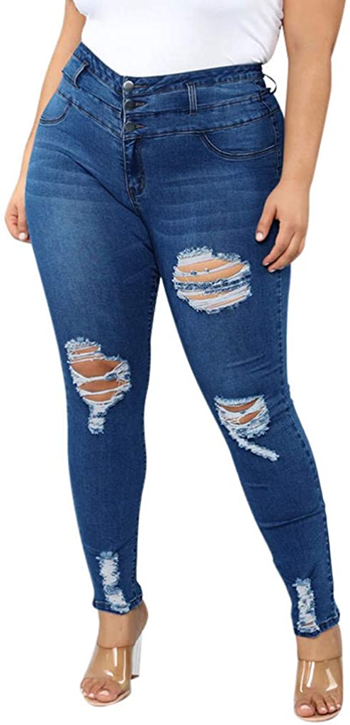 Price:$4.98 Women's Classic Hole Jeans Plus Size, Skinny Stretch High Waist Denim Pants Trousers Leggings at Amazon Women's Jeans store