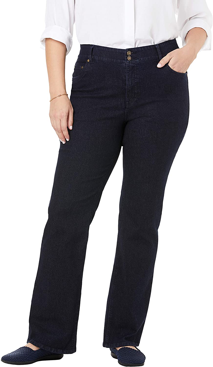Price:$9.17 Woman Within Women's Plus Size Bootcut Tummy Tamer Jean at Amazon Women’s Clothing store