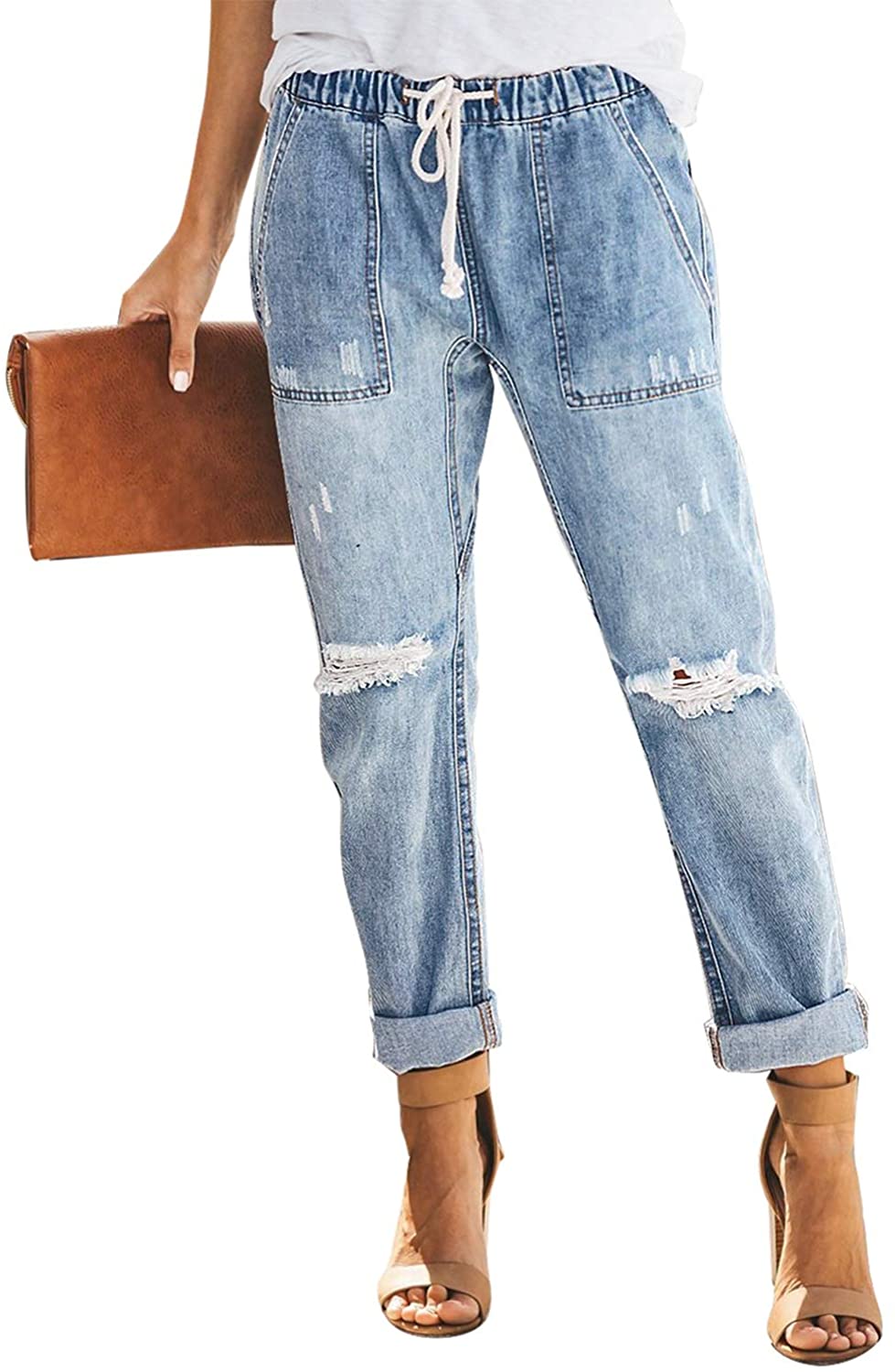Price:$34.99 luvamia Women's Casual Distressed Jeans Elastic Waist Cuffed Jeans Denim Pants at Amazon Women's Jeans store