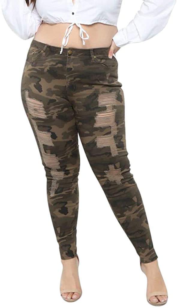 Price:$16.67 Women Plus Size Jeans Ripped Hole Camouflage Printing Denim Split Jeans Pants at Amazon Women's Jeans store