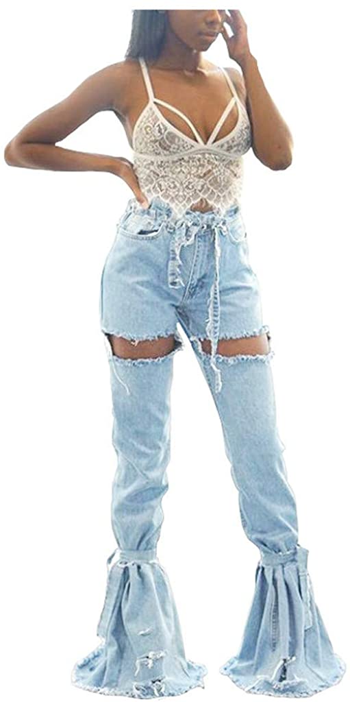 Price:$24.99 Midress Women Lady Fashion Bell Bottom Jeans Wide Leg Flare Long Pant Ripped Hole Jeans Trousers at Amazon Women's Jeans store