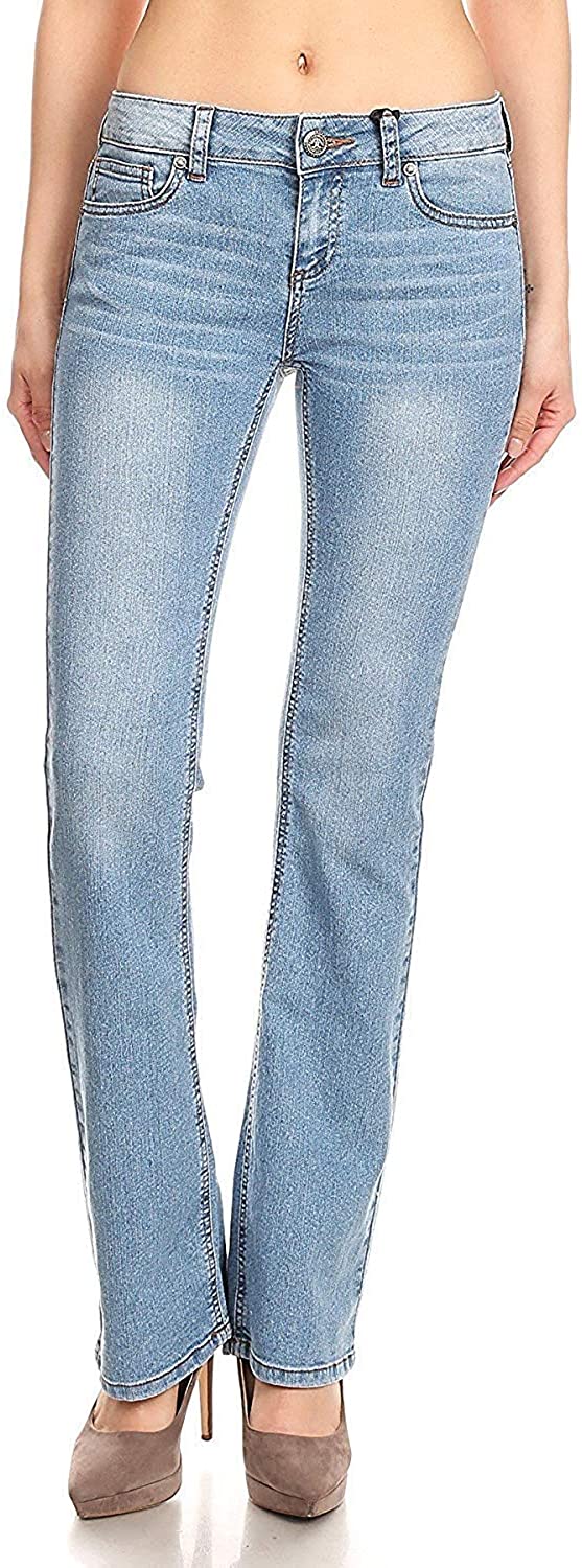 Price:$17.99 Wax Women's Juniors Mid Waist Boot Cut Straight Jeans at Amazon Women's Jeans store