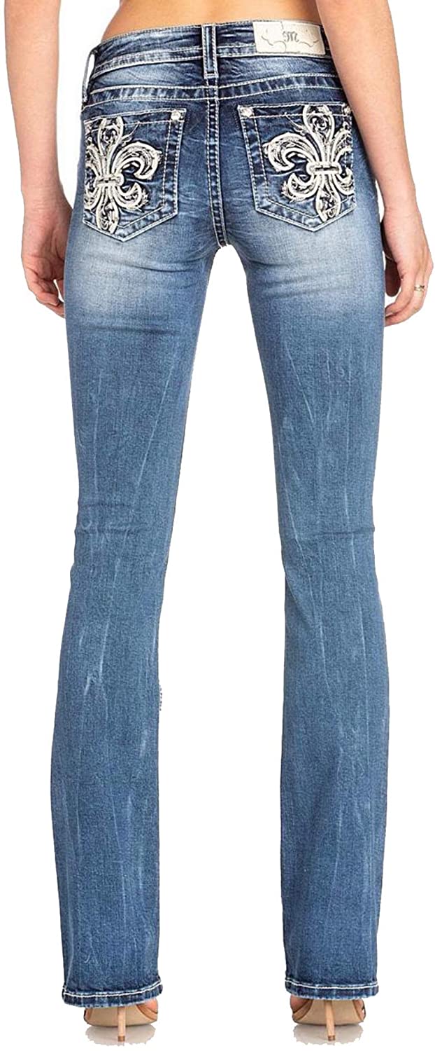 Price:$79.99    Miss Me Fleur De Lis Embellished Bootcut Jeans in Medium Blue  Clothing