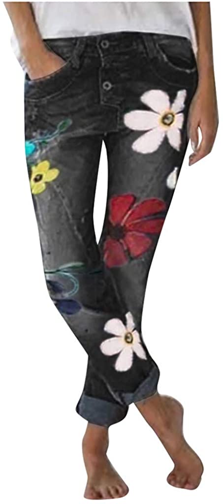 Price:$11.09 Women Spring Fashion Flower Print Elastic Button Plus Size Loose Denim Casual Straight Cropped Jeans at Amazon Women's Jeans store