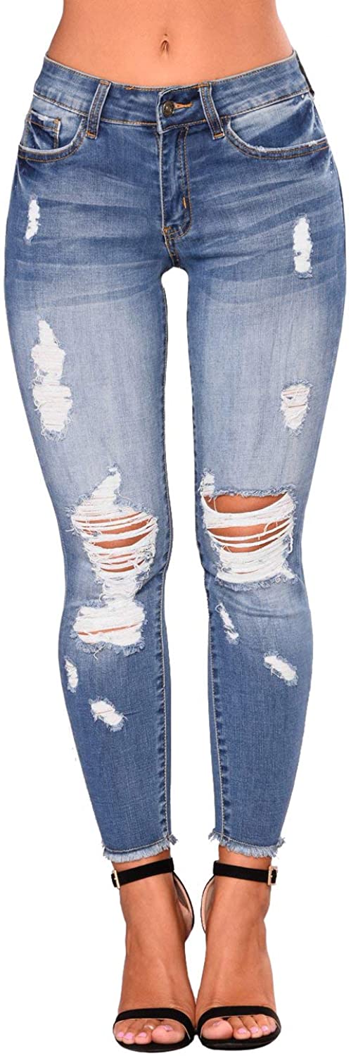 Price:$24.99 Just for Plus Women's Denim Destroyed Ankle Length Skinny Jeans Long Length Ripped Hole Trousers Pants at Amazon Women's Jeans store