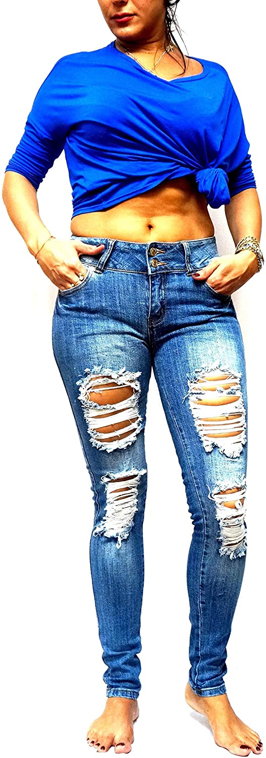 Price:$17.99 JEAN9 Juniors Womens Blue Denim Jeans Stretch Skinny Ripped Distressed Pants at Amazon Women's Jeans store