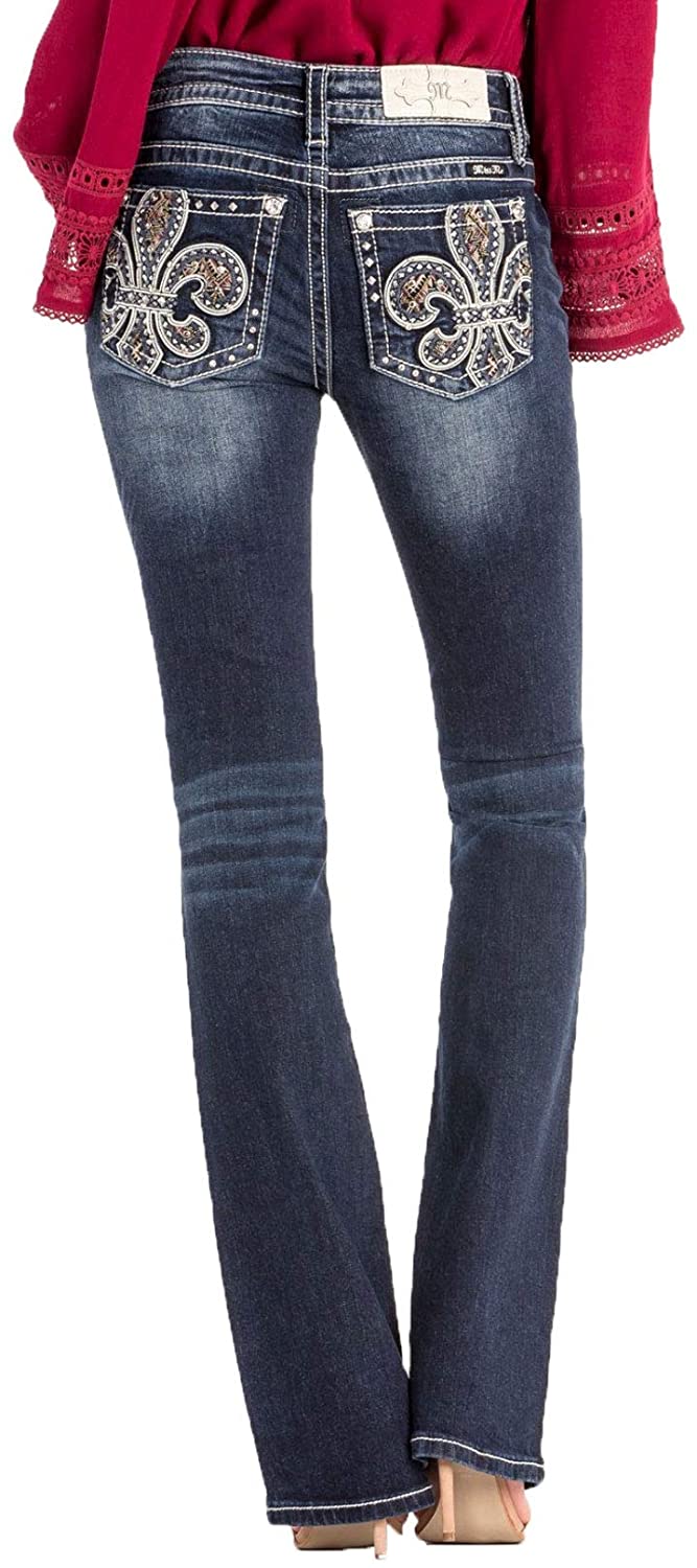 Price:$89.99    Miss Me Women's Fleur-de-lis Mid-Rise Bootcut Jeans (Dark Blue, 26)  Clothing
