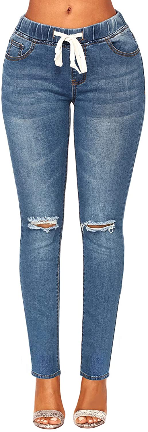 Price:$19.99 ACKKIA Women's Elastic Waist Skinny Stretch Ripped Distressed Denim Jeans Pants at Amazon Women's Jeans store