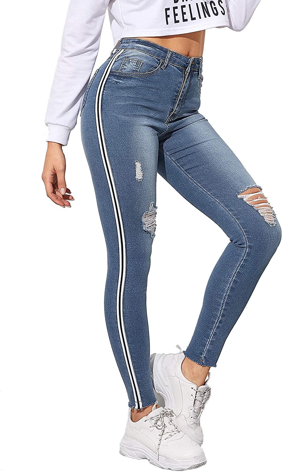 Price:$24.99 SOLY HUX Women's Stripe Side Ripped Jeggings Pocket Denim Skinny Stretch Jeans Pants at Amazon Women's Jeans store