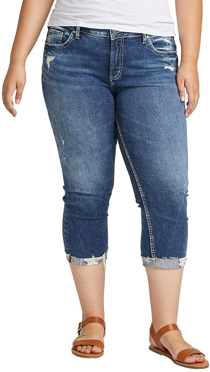 Price:$60.27    Silver Jeans Co. Women's Plus Size Elyse Curvy Fit Mid Rise Capri Jean  Clothing