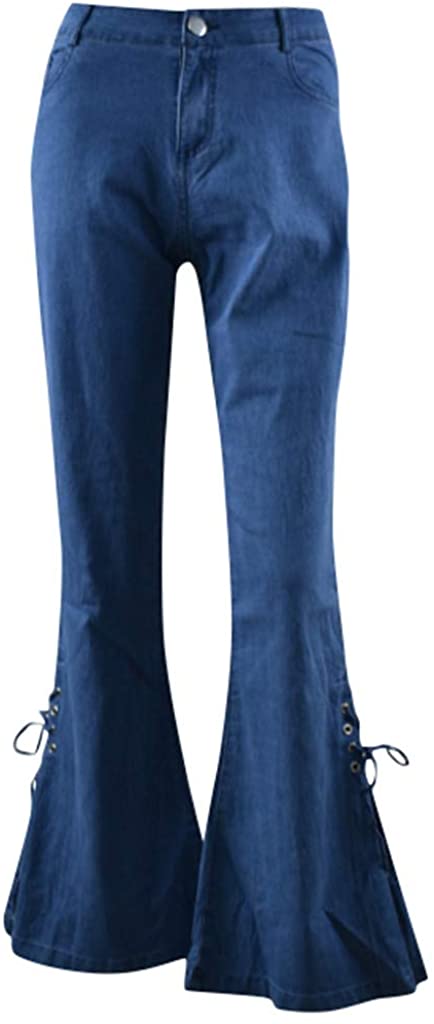 Price:$12.39 iYYVV Womens Elastic Loose Denim Bow Bell-Bottom Pants Long Low Waist Flare Jeans at Amazon Women's Jeans store