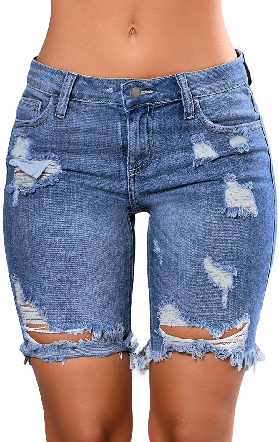 Price:$13.99 CLANNAD Womens Bermuda Short Jeans Skinny Distressed Mid Waist Denim Pants at Amazon Women’s Clothing store