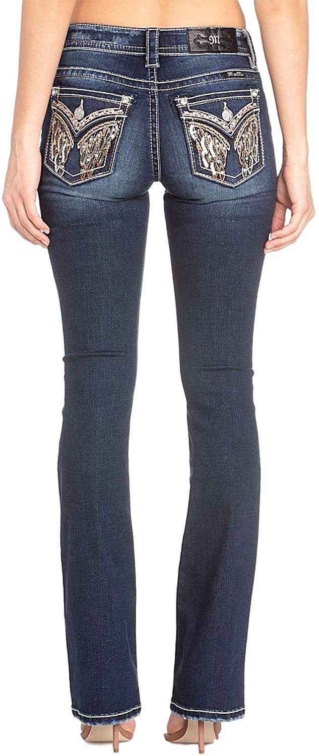 Price:$79.99    Miss Me Women's Embellished Angel Wings Faux Flap Pocket Denim Jeans  Clothing