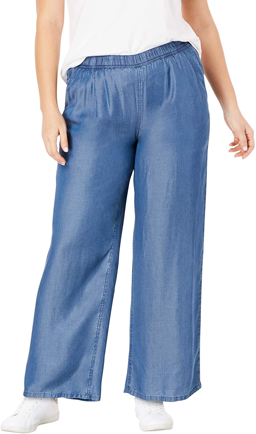 Price:$29.03 ellos Women's Plus Size Wide Leg Elastic Waist Denim Pants at Amazon Women’s Clothing store