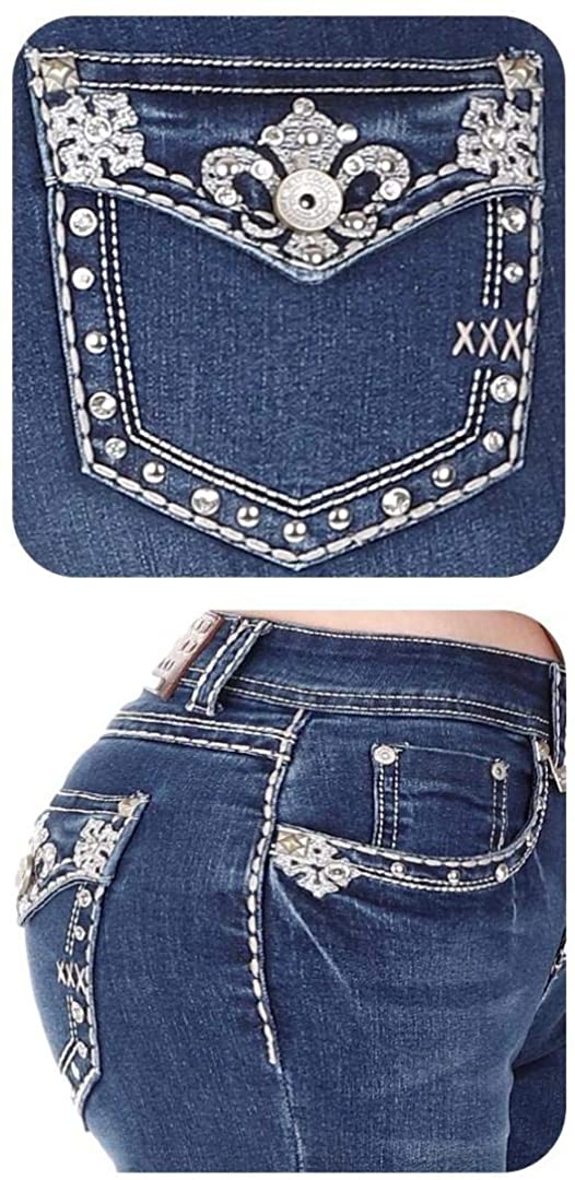 Price:$27.99 SEXY COUTURE Women's S676-PB Fleur Rhinestone Medium Wash Mid Rise Boot Cut Denim Jeans 3-17 at Amazon Women's Jeans store