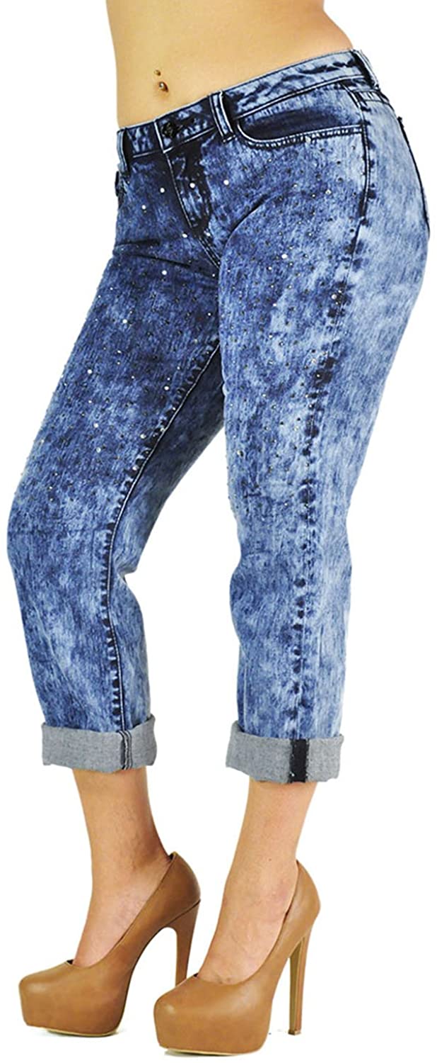 Price:$39.50 Poetic Justice Women's Curvy Fit Blue Stretch Encrusted Diamond Boyfriend Jeans at Amazon Women's Jeans store