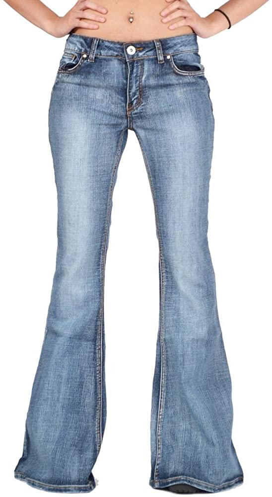 Price:$59.98 Glamour Outfitters 70s Style Faded Bell-Bottom Wide Flared Jeans - Blue at Amazon Women's Jeans store
