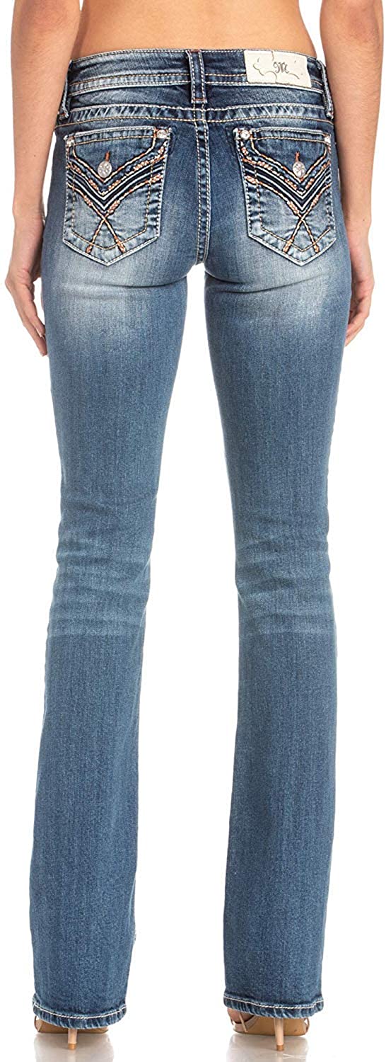 Price:$86.24    Miss Me Women's Faux Flap Chloe Boot Jeans with Orange Embroidery Details  Clothing