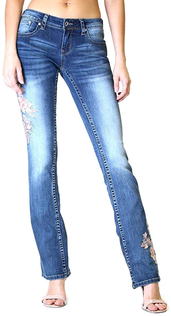 Price:$59.50 Grace in LA Women's Junior Fit Floral Embroidered Leg Boot Cut Denim Jeans JB-2189 Pink Medium Blue Wash (27) at Amazon Women's Jeans store