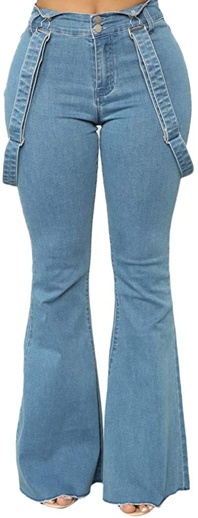 Price:$3.99 RNUYKE Women Button Strap Pants Trousers Bell Bottom Pants High Waist Zipper Jeans at Amazon Women's Jeans store