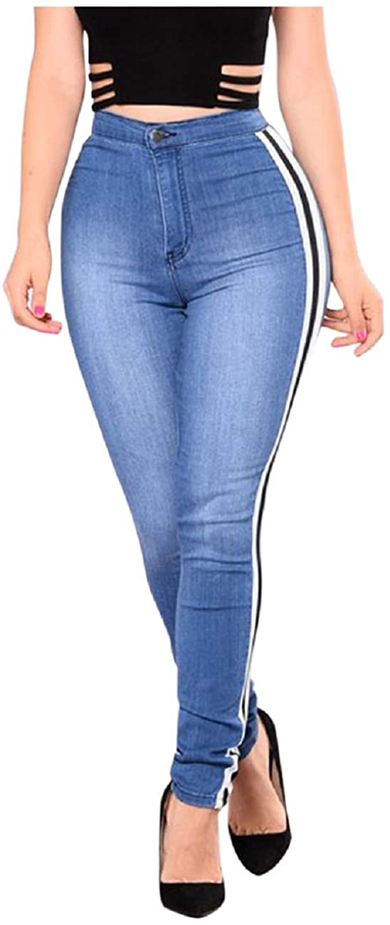 Price:$20.03 Tsmile Women Black and White Striped Jeans Plus Size Pockets High Waisted Slim-Straight Stretch Long Pants Trousers at Amazon Women's Jeans store