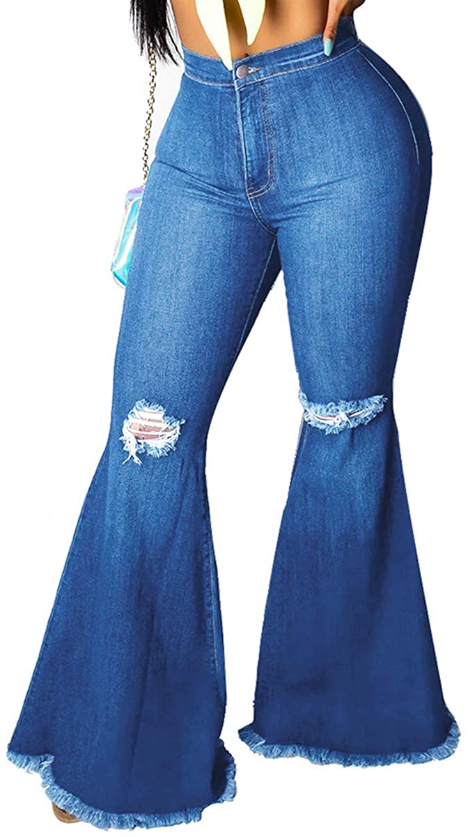 Price:$26.99 Pofash Women's Destroyed Ripped Flare Jeans Bell Bottom Raw Hem Denim Pants at Amazon Women's Jeans store