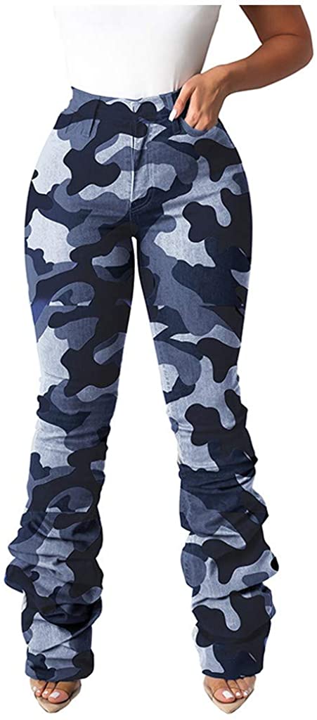 Price:$20.49 Longra Women's Stretch Knit Denim Jeans High Waist Camouflage Printed Jeans Elastic Waist Pockets Jeans at Amazon Women's Jeans store