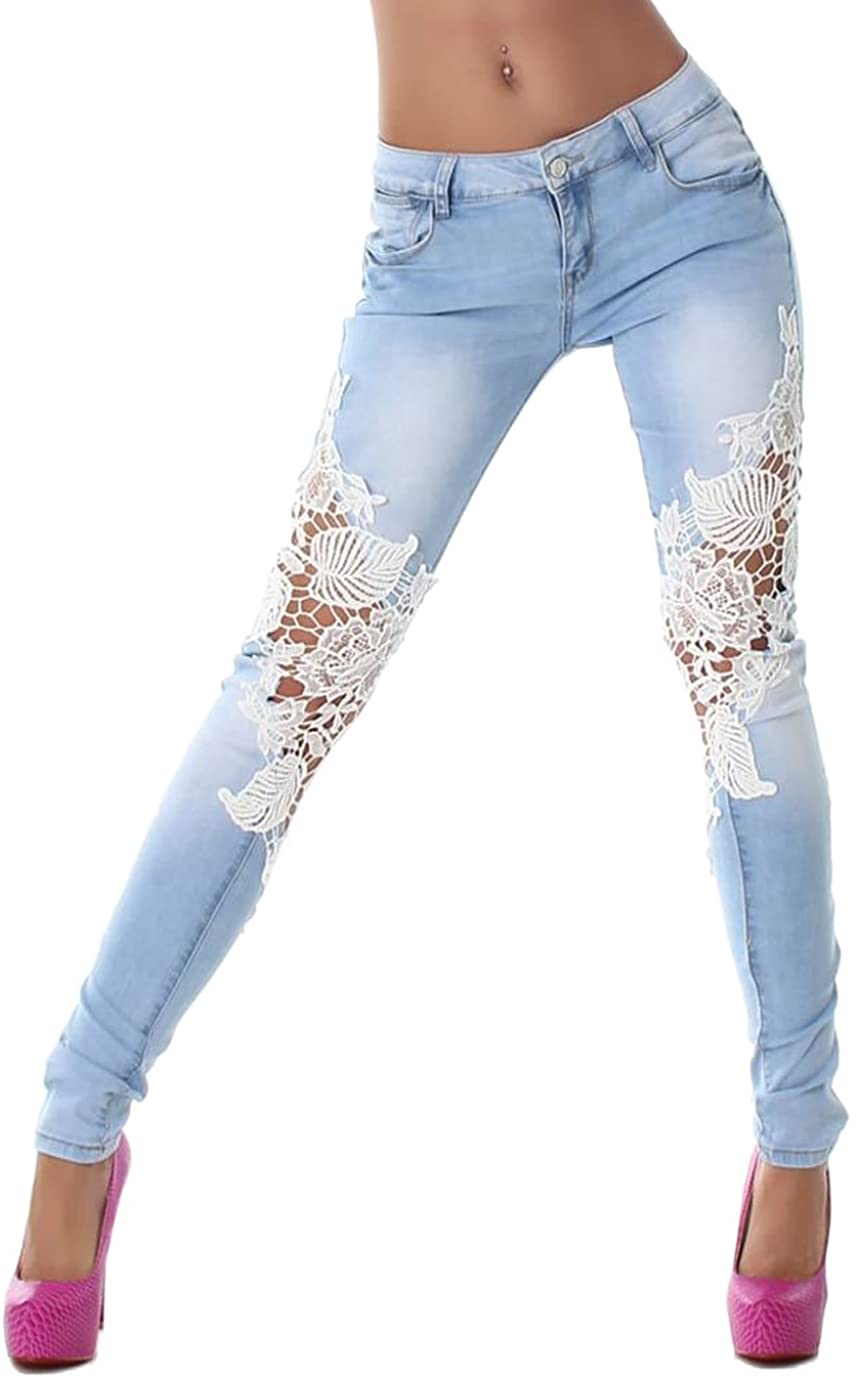 Price:$8.45 Minetom Women's Low Waist Hole Stretchy Jeans Long Lace Floral Denim Pants Casual Skinny Pencil Leggings Tights Trousers at Amazon Women’s Clothing store