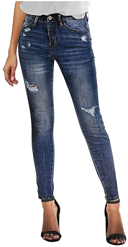 Price:$89.99 Womens Destroyed Ripped Holes Skinny Jeans Leggings Mid Rise Stretchy Straight Leg Slim Fit Denim Pants at Amazon Women's Jeans store