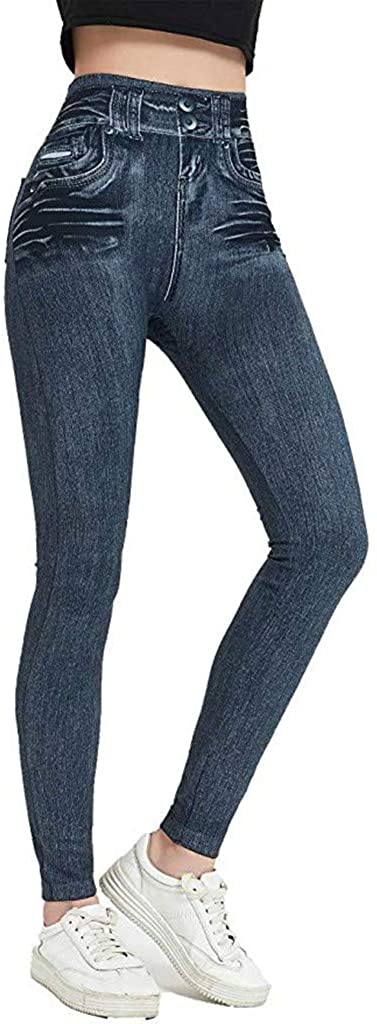 Price:$36.51 Women's Casual False Pocket Jeggings Stretch High Waist Slim Imitation Denim Seamless Long YOG Pants Trousers at Amazon Women’s Clothing store