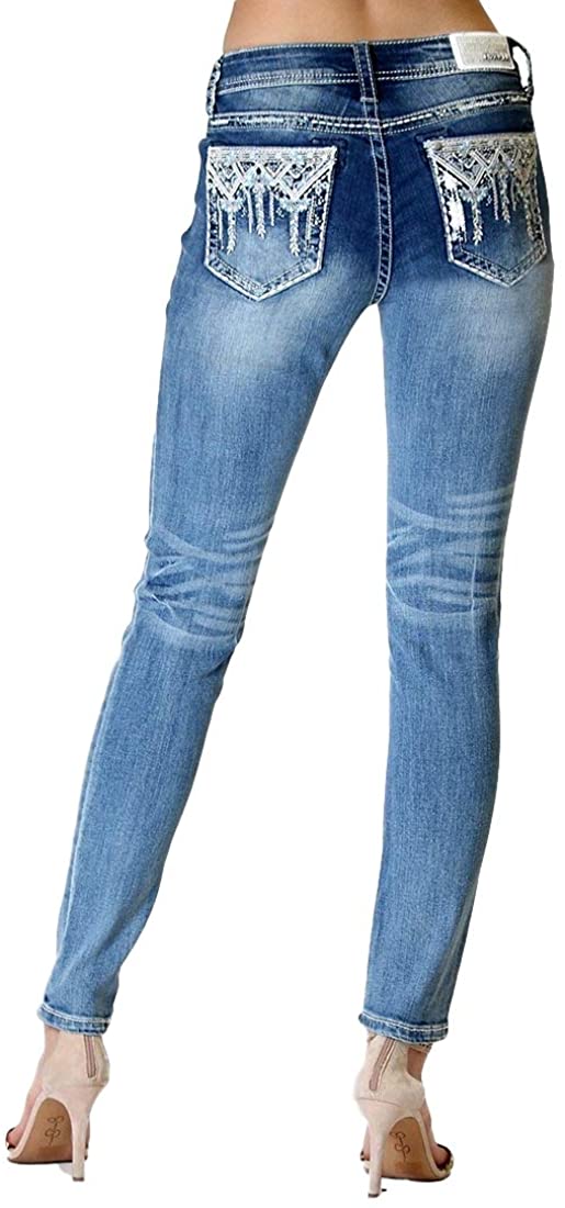 Price:$59.97 Grace in LA Mid Rise Easy Skinny Southwestern Rhinestone Distressed Embroidered Stretch Jeans at Amazon Women's Jeans store