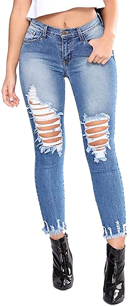 Price:$8.39 BAOHOKE Women Stylish Frayed Ripped Hole Low Rise Jeans, Raw Hem Sexy Pencil Denim Pants at Amazon Women's Jeans store