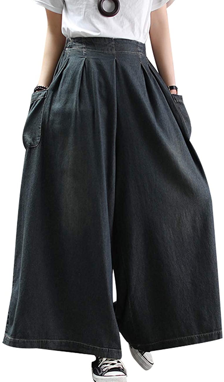 Price:$36.99 YESNO Women Casual Plus Size Loose Cropped Jeans Palazzo Wide Leg Denim Pants Skirts 3/4 Waist Gathered/Pockets PNK at Amazon Women's Jeans store