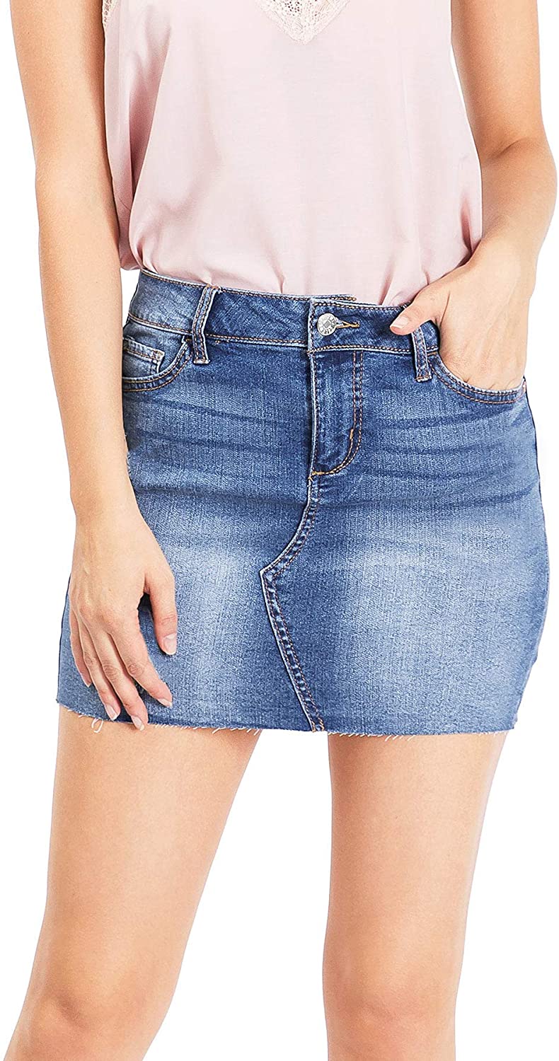 Price:$22.99 Celebrity Pink Jean Women's Juniors Mid Waist Classic & Distressed Mini Skirts at Amazon Women’s Clothing store