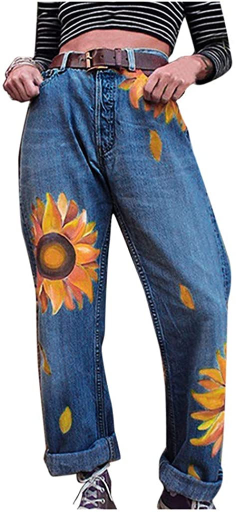 Price:$18.11    Armfre Bottom Women's Denim Wide Leg Pants Sunflower Print High Waisted Palazzo Long Pant Loose Straight Leg Jeans Fashion Lounge Trousers Dark Blue L  Clothing