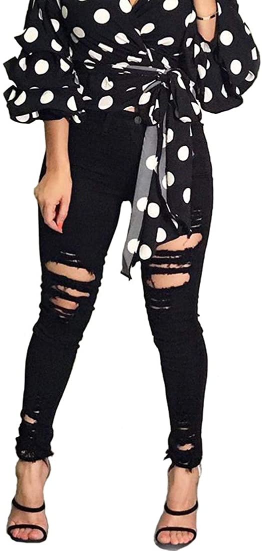 Price:$26.99 VICVIK Women High Waist Knee Skinny Distressed Ripped Boyfriend Jeans Denim Pants at Amazon Women's Jeans store
