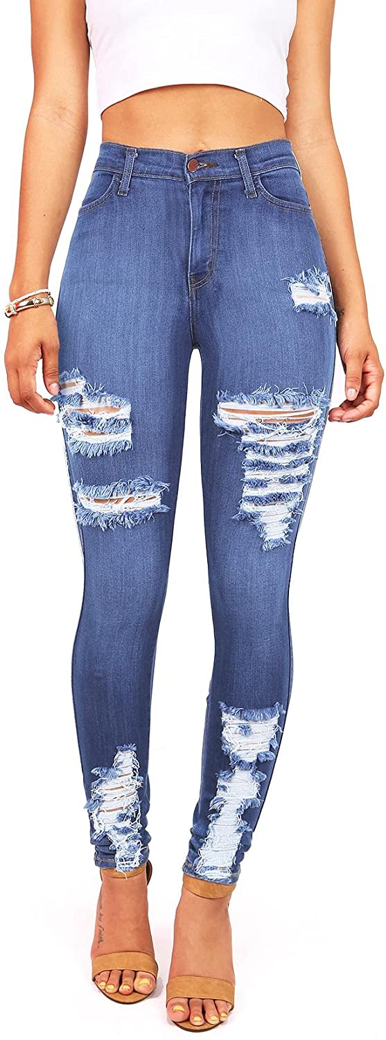 Price:$36.00 Vibrant Women's Juniors High Waist Jeans Stretchy Ripped Jeans at Amazon Women's Jeans store