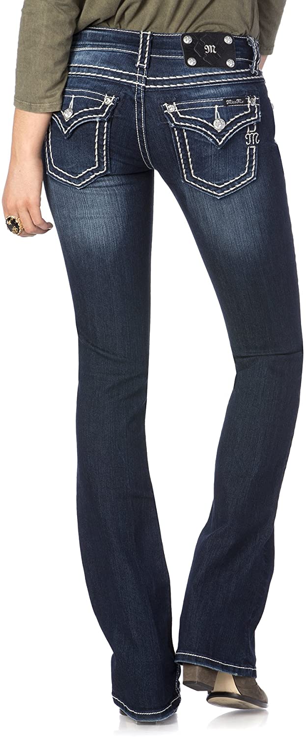 Price:$99.50    Miss Me Loose Saddle Stitch Border Boot Cut Jean  Clothing