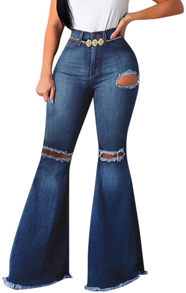 Price:$21.06 Kulywon Womens Hole Button Zipper Pocket Jeans Casual Denim Flares Wide Leg Slim Pants at Amazon Women's Jeans store