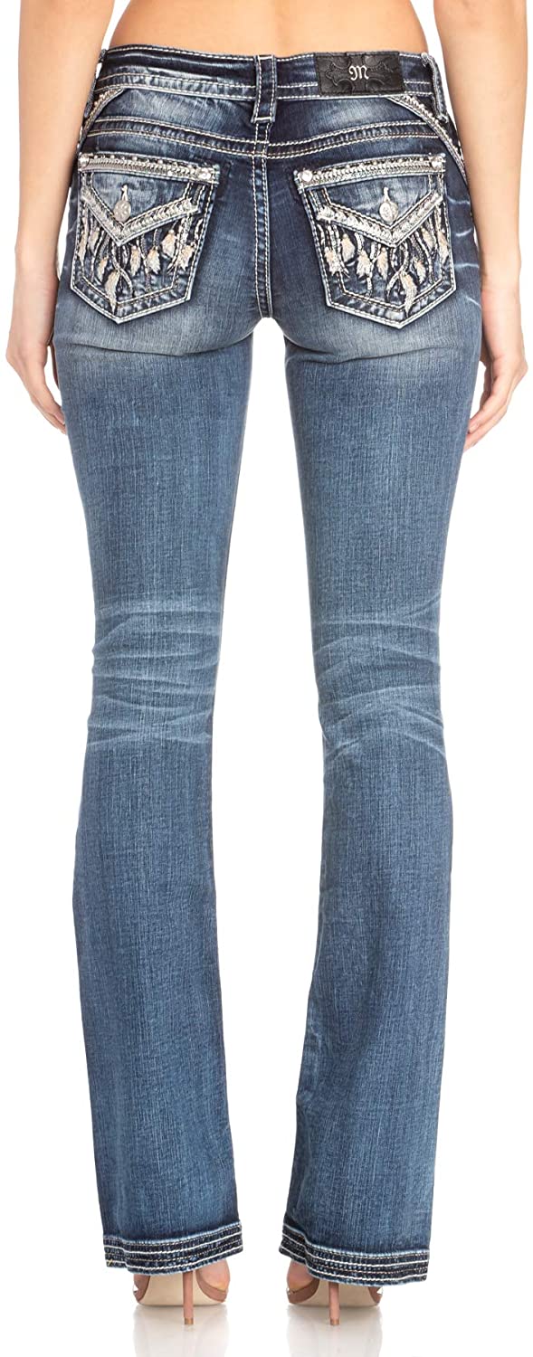Price:$98.00    Miss Me Women's Feather Border Embellished Pocket Bootcut Jeans  Clothing