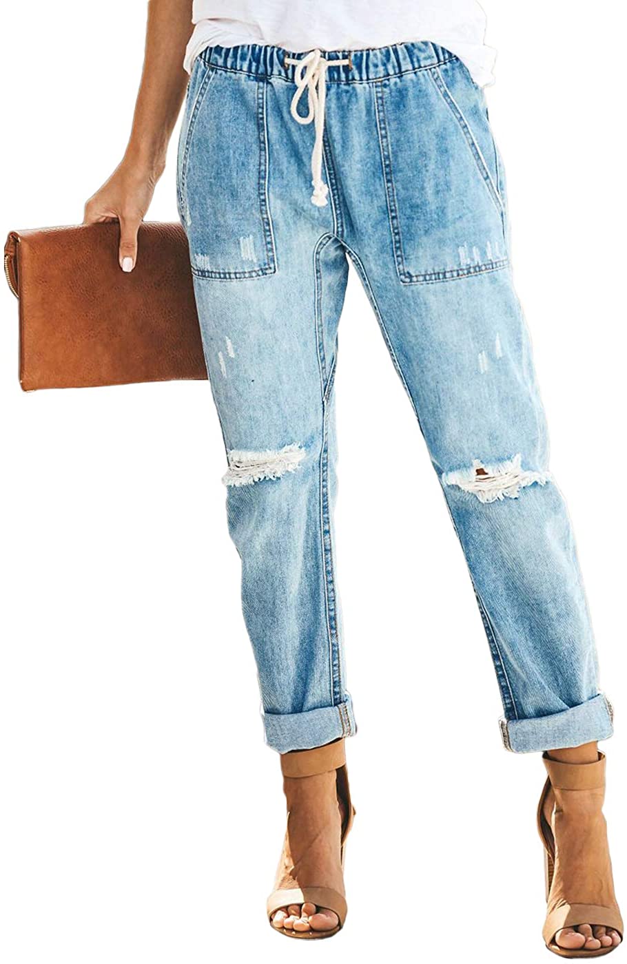 Price:$18.59 Feditch Women's Pull-on Distressed Elastic Waist Denim Joggers Pants with Pockets at Amazon Women's Jeans store
