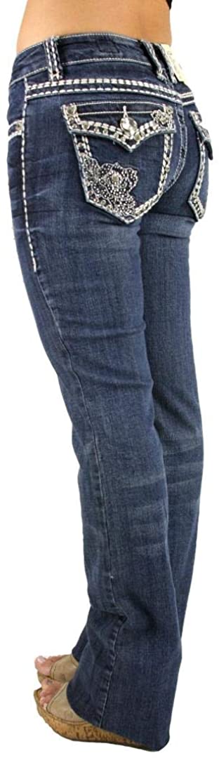 Price:$51.99 LA Idol Rose 2 Rhinestone Studded Medium Wash Denim Bootcut Flap Pocket Jeans at Amazon Women's Jeans store