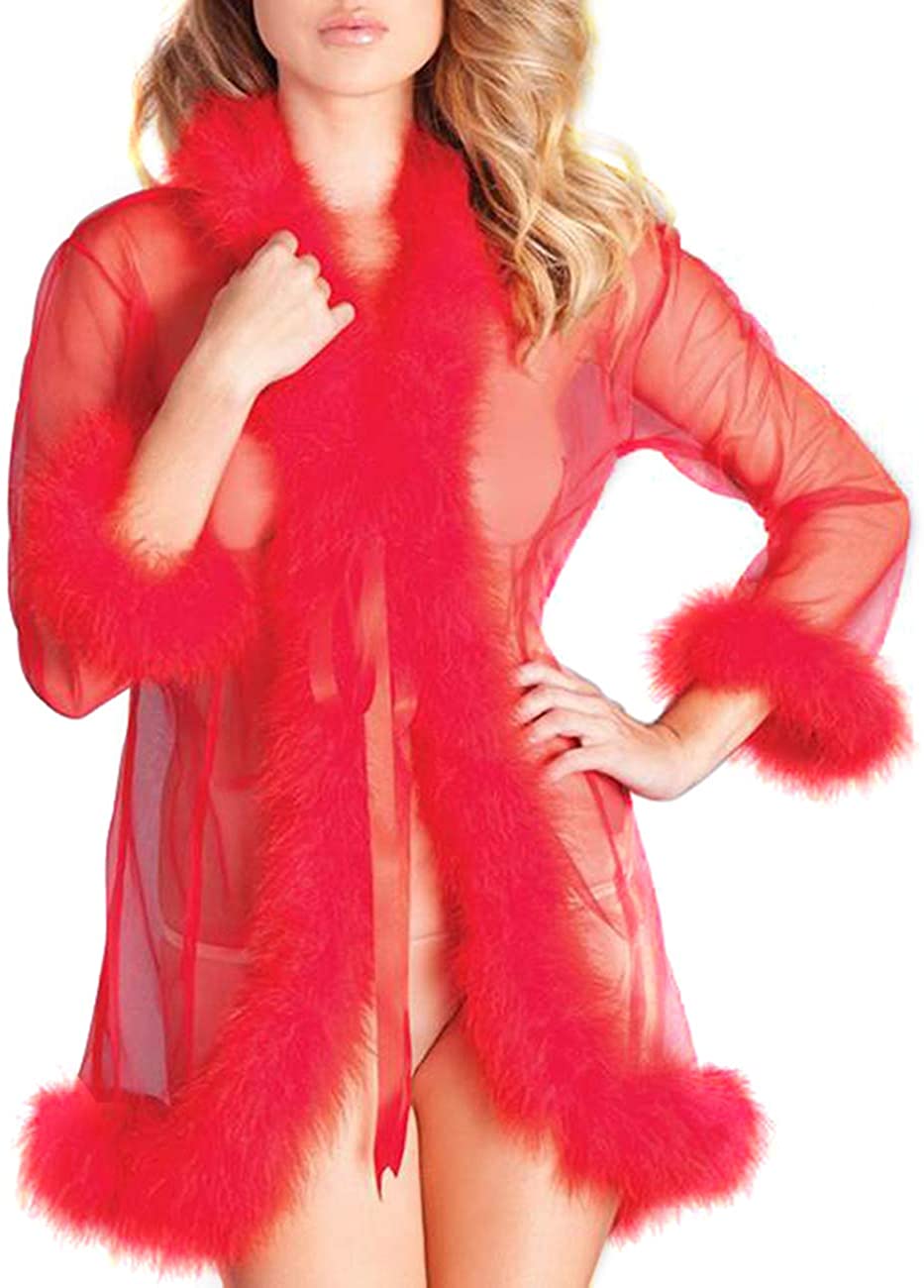 Price:$16.99 ohyeahlady Women Lingerie Robe Long Sheer Kimono Robe Nightgown Bridal Robe with Fur M-5XL at Amazon Women’s Clothing store